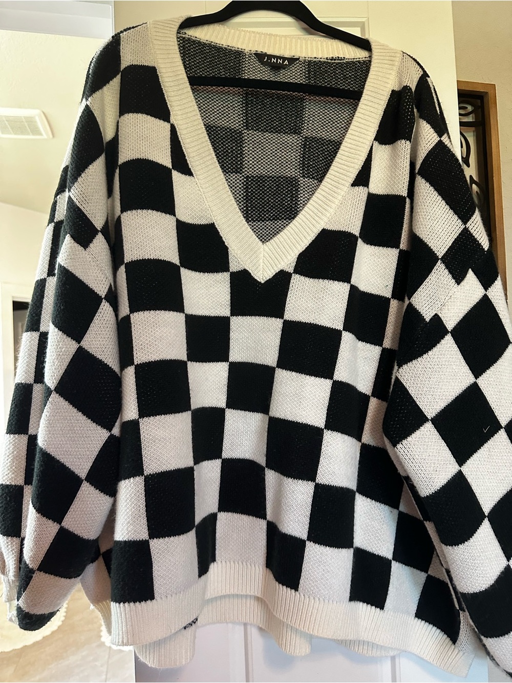 LNNA Black and White Checkerboard V-Neck Sweater